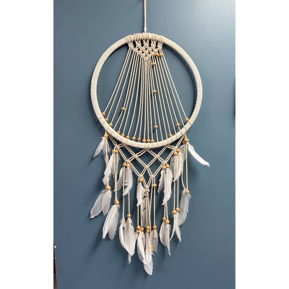 Boho Hand Made Macrame Dream Catcher Wall Decor beaded Feathers 28”x13”